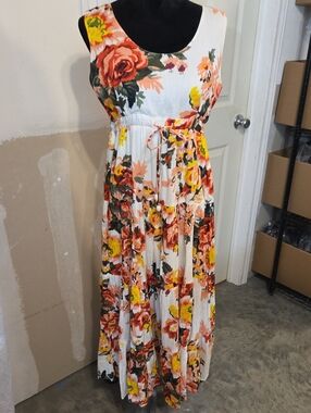 Vasna Desire Sleeveless Floral Maxi Dress Pleated Cotton Beach  Orange Blooms